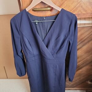 Talbots Navy Faux-Wrap Long Sleeve Sheath Dress